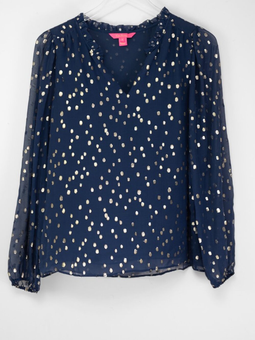 Lilly Pulitzer Giana Silk Top High Tide Navy Gold Metallic Clip Dot Size Small